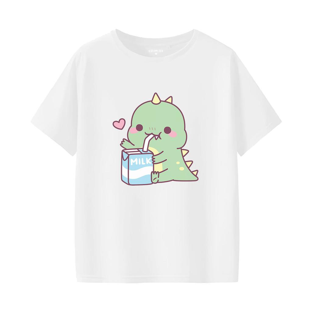 Cute dinosaur print short sleeved round neck versatile fashionable Womens Tshirt suitable for all seasons