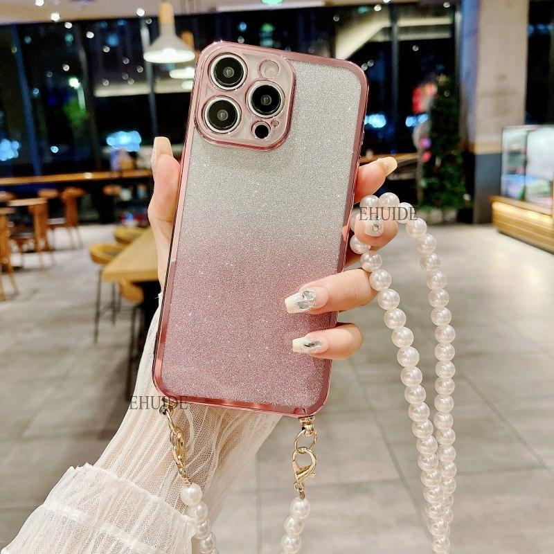 

Lanyard Case For iPhone 15 16 Pro Max 11 12 13 Mini 14 Plus X XS XR Crossbody Strap Cord Pearl Clear Plating Glitter Soft Cover For iPhone 13 Mini&Case & Strap