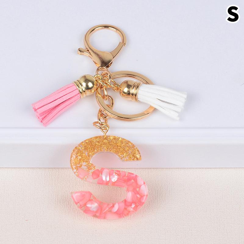 Resin Material With Tassel Alphabet Key Chain Glitter Keyring Letter Keychain Bag Pendant Gold Foil Stone Keychain