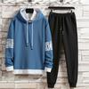 2Pcs/Set Men Letter Color Block Casual Sportwear Hooded Drawstring Long Sleeve Pullover Sweatshirt Elastic Waist Pockets Jogger Pants Set
