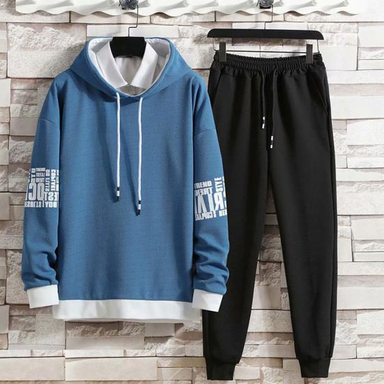 2Pcs/Set Men Letter Color Block Casual Sportwear Hooded Drawstring Long Sleeve Pullover Sweatshirt Elastic Waist Pockets Jogger Pants Set