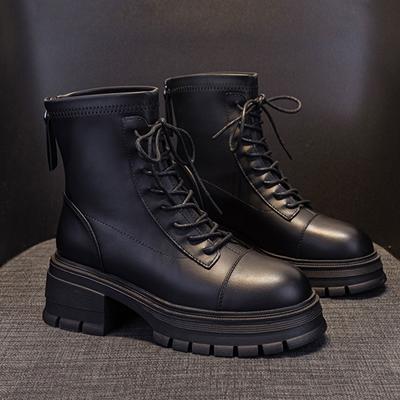 Herbst Winter Damen Stiefel mit dicker Sohle Mikrofaserleder Neue Motorradstiefel Runde Zehenpartie Klobige Schuhe Winter Chelsea Boots 35-39
