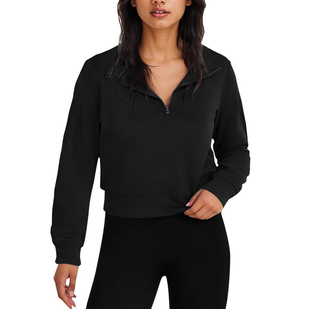 Women's Quarter Zip Pullover Sweatshirt Loose Fit Casual Solid Color Long Sleeve Sweatshirt with Ribbed Cuffs and Hem