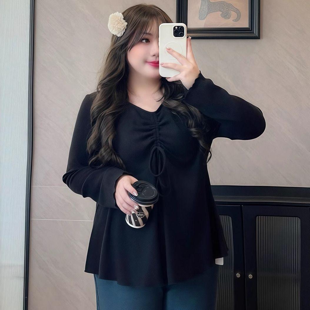 

Women s Plus Size V-Neck Long Sleeve Drawstring Top - Slimming, Loose Fit for Spring/Autumn 2XL чорний
