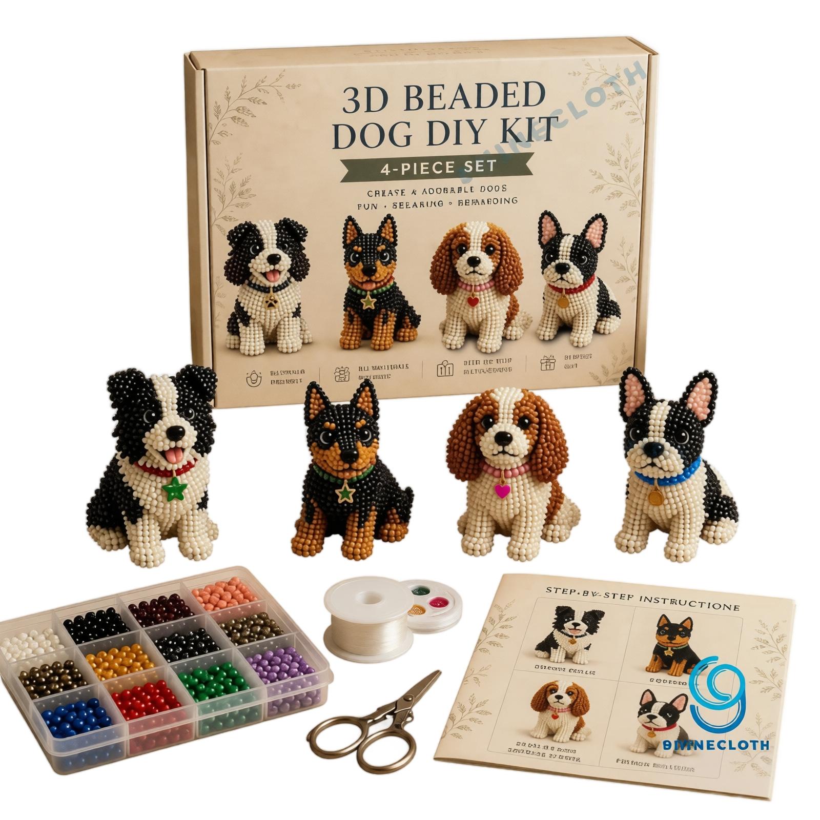 3D Beaded Dog DIY Kit 4 Piece Set with Step by Step Instructions and Crafting Tools for Handmade Beadwork Projects One Size