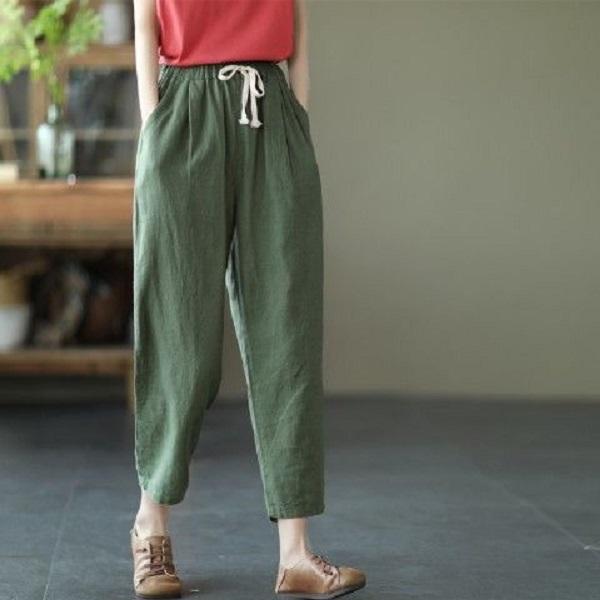 Cotton and Linen Pants, Women's Elastic Waisted Loose Casual Pants, Summer Retro Slimming, Lace Up Carrot Harem Pants