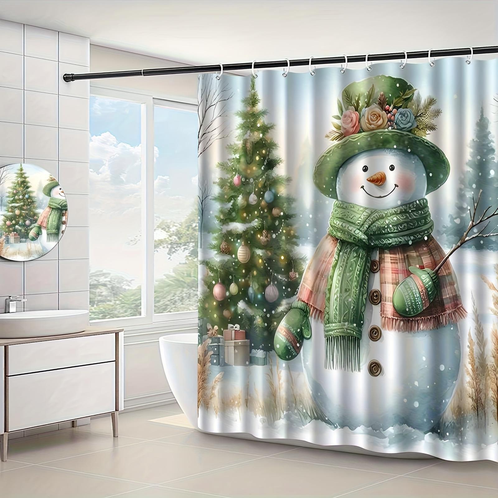 

1Pc Snowman & Christmas Tree Shower Curtain - Winter Wonderland Bathroom Decor With Snowman, Pine Trees & Twinkling Design, Mach W60H190(CM)-1 Pcs