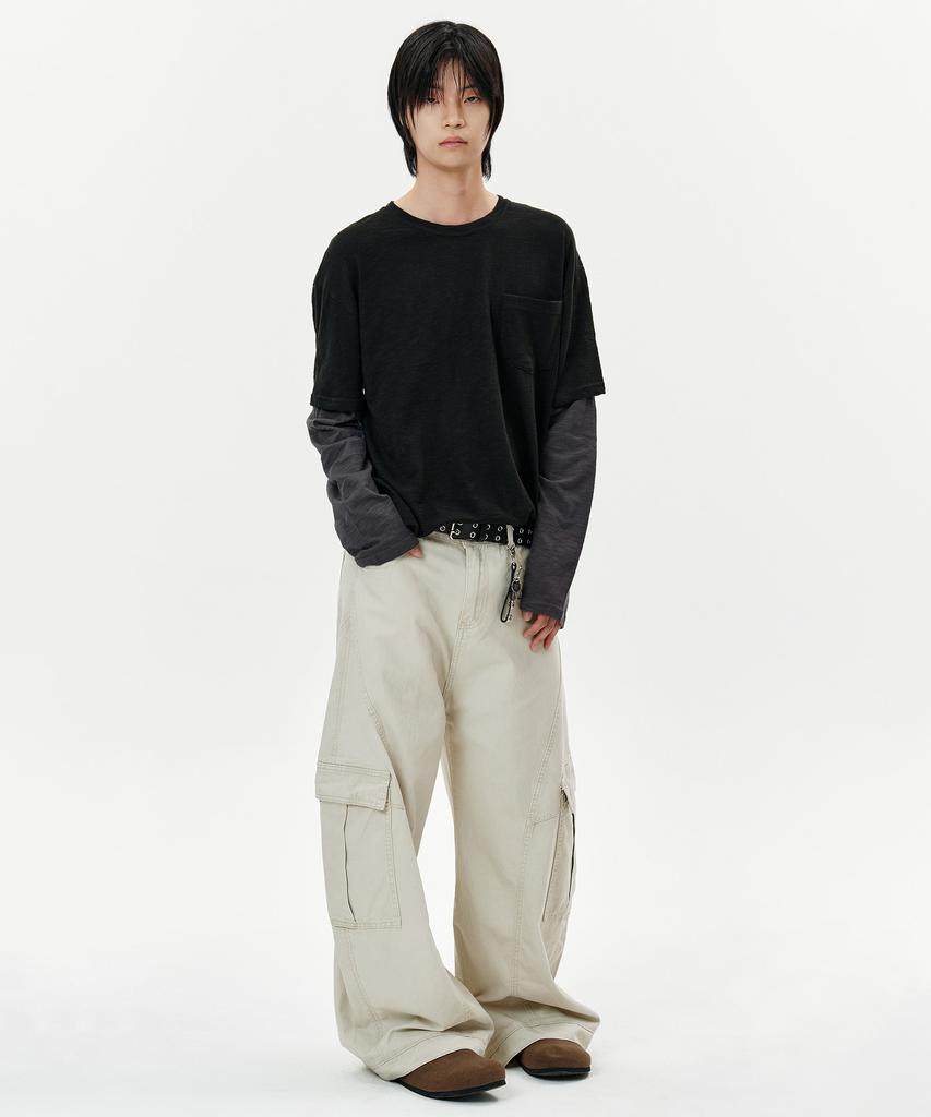 DEEP SENSE Slit Cargo Curved Pants - Beige