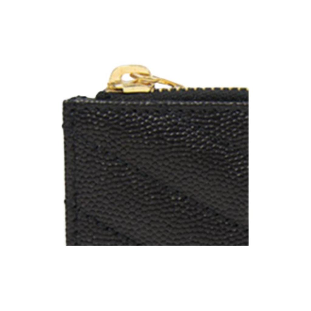Saint Laurent Ysl Cassandre Gold Logo Zipper Grainy Embossed Quilted Leather Card Holder Coin Purse Women wallet Black 607915-BOW01-1000