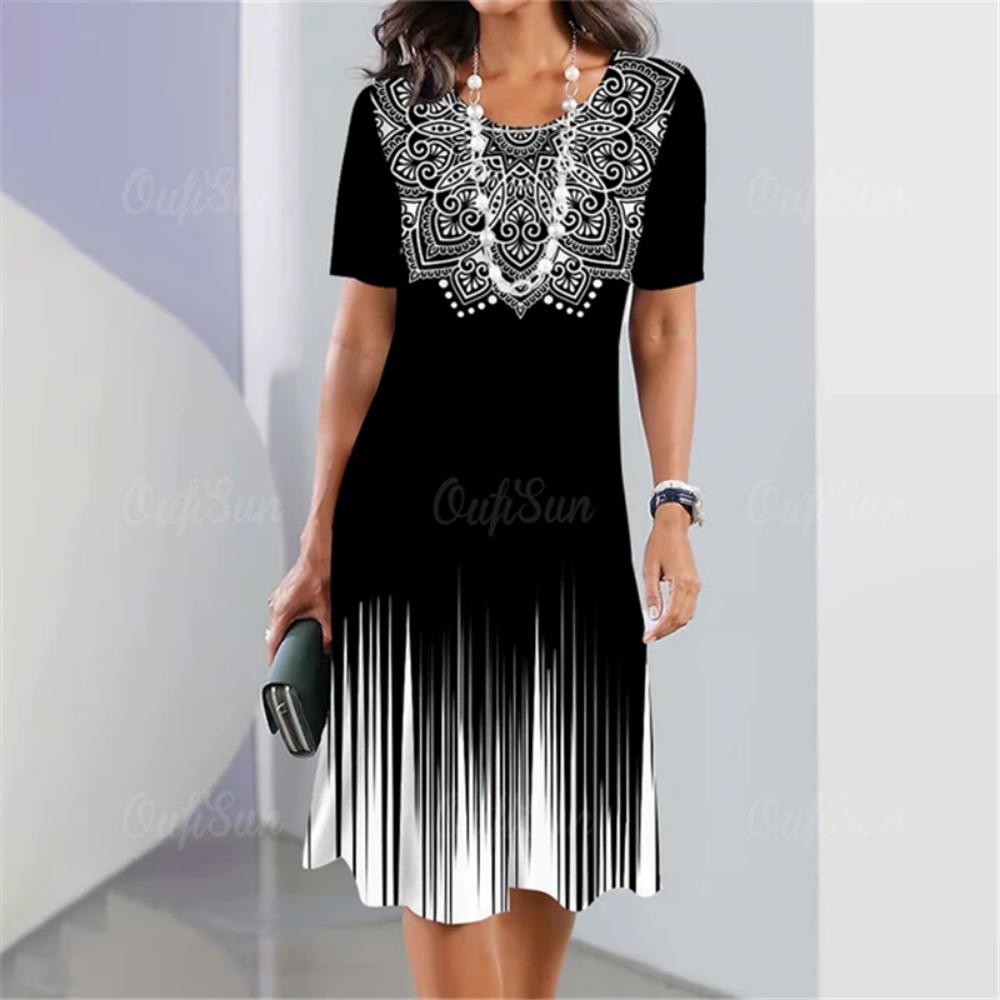 Plus Size Women Dress Summer 3D Patchwork Print Short Sleeve Dress Elegant Loose Casual A-Line Dress Ladies Large Size Sundress