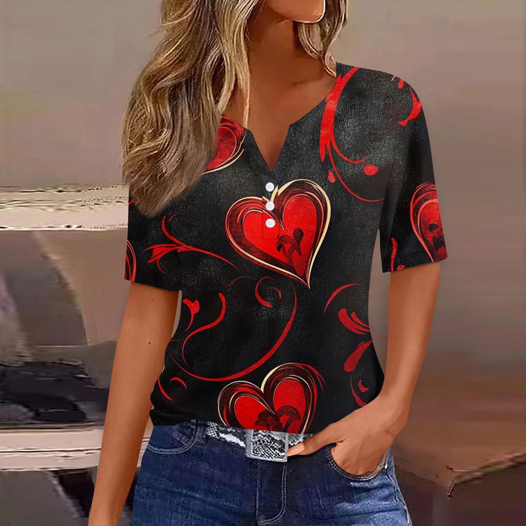 Damen T-Shirt mit Aufdruck zum Valentinstag, Knopfleiste, kurzärmelig, Tunika, für den Alltag, Wochenende, Basic, V-Ausschnitt, normales Oberteil