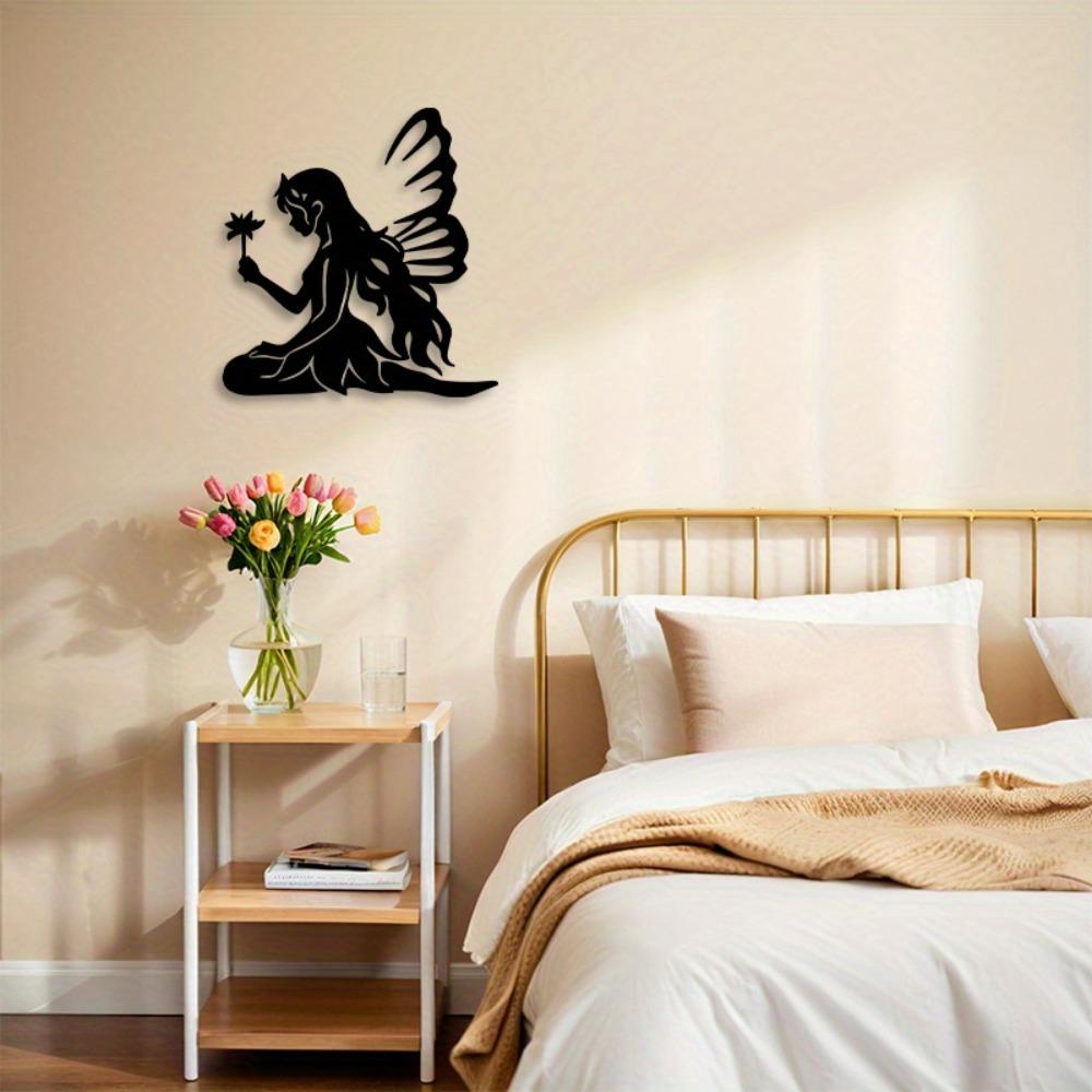 2D Metal Fairy with Lotus Wall Art, Iron Silhouette Sign for Garden, Yard, Living Room Decor, Indoor Outdoor, No Electricity Needed, Magical Accent
