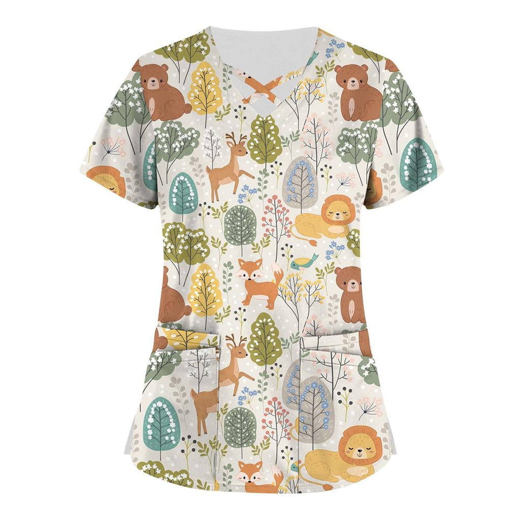 Plus Size Cute Printed Scrub Working Uniform Tops For Women Cross V-Neck Short Sleeve Fun T-Shirts Workwear Tee With Pockets