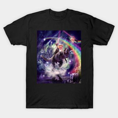 Men Black Print T-shirt Rainbow Laser Space Cat On Dinosaur Eating Pizza No-Cut Heat Transfer Print Cotton Tshirt