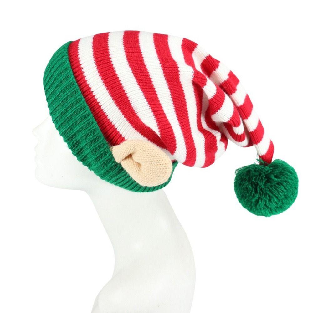 Striped Pattern Christmas Hat with Small Ears Decoration Xmas Cap Jacquard Wool Ball Holiday Knitted Hat New Year