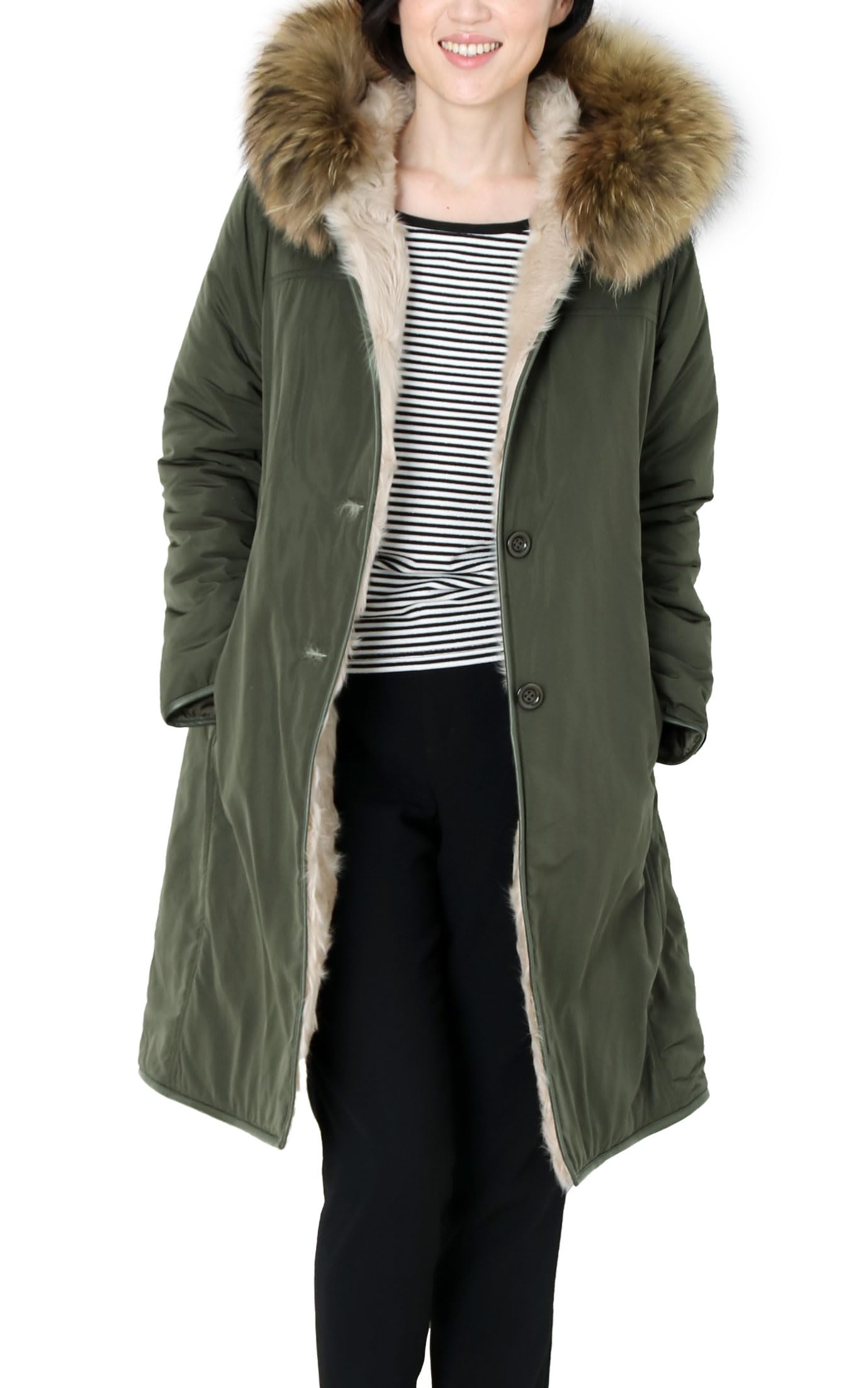 

Sankyo Shokai Raccoon Trimmed Mod Coat with Hood and Fur Size XL Women s Liner Khaki,