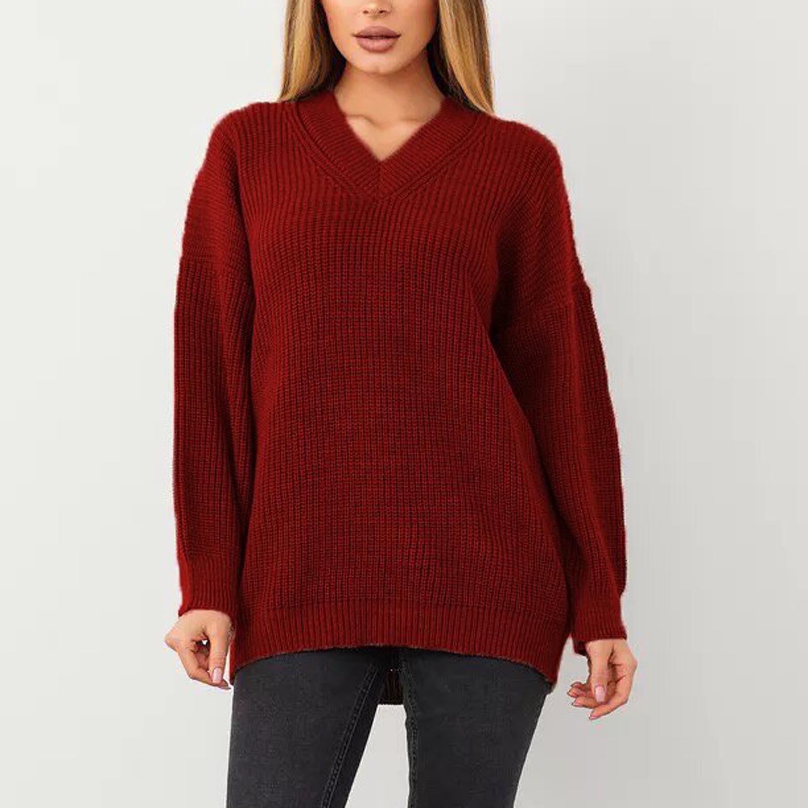 

Women s Solid Color Long Sleeve V-neck Sweater Loose Jumper To Wear The Top XL червоний