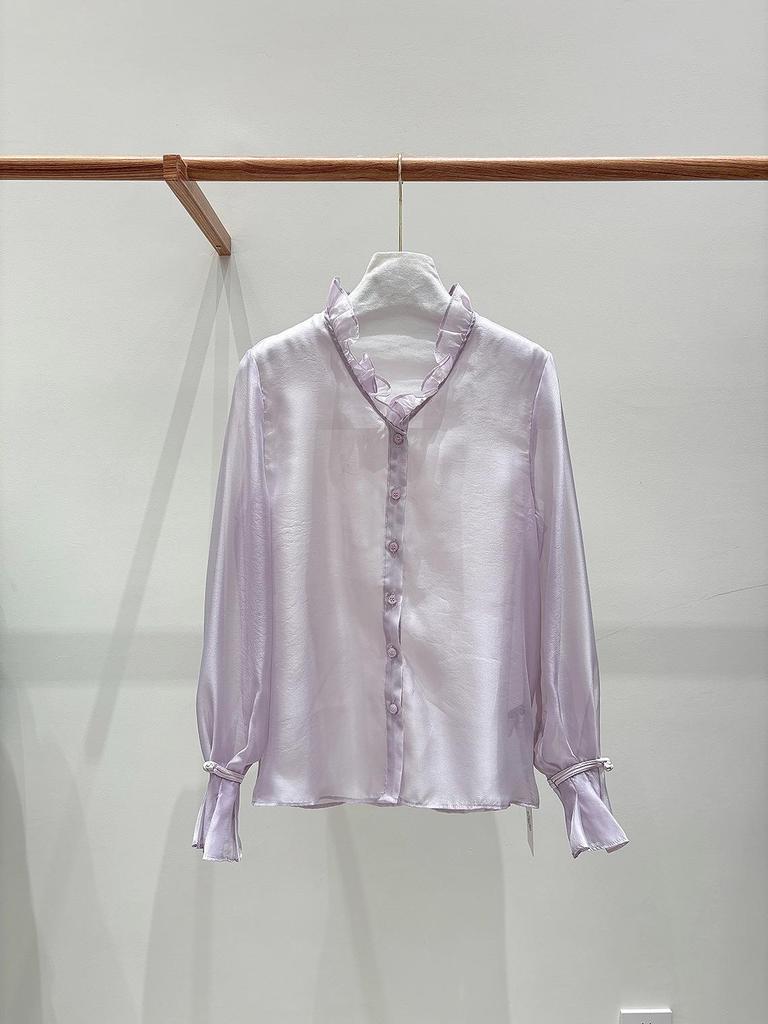 Zhi Hetang Retro Silk V-Neck Ruffled Long-Sleeve Blouse