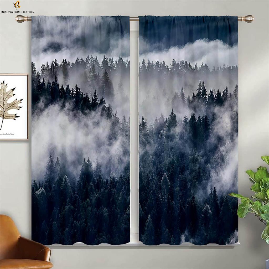 Misty Deep Forest Green Woods 3d Printed Curtains Suitable For Bedroom Living Room Kitchen Turning Decorative Curtains 2 Pieces