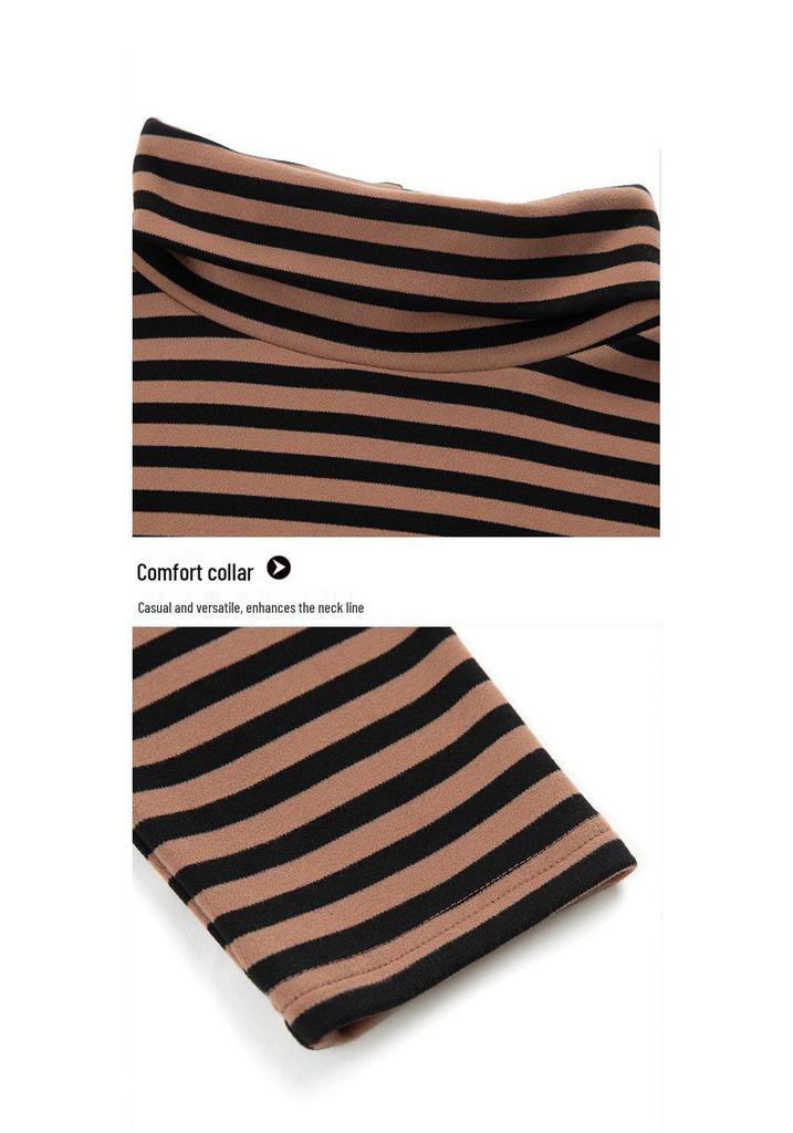 Women's Plush Striped High-Neck Base Layer Top - Long Sleeve, Plus Size, for Autumn/Winter, Middle-Aged Mom, Thick Velvet Inner Layer.