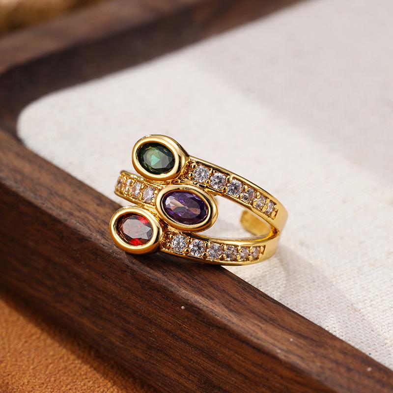 Copper-Plated Gold-Tone Zircon Gem Vintage Adjustable Women's Ring