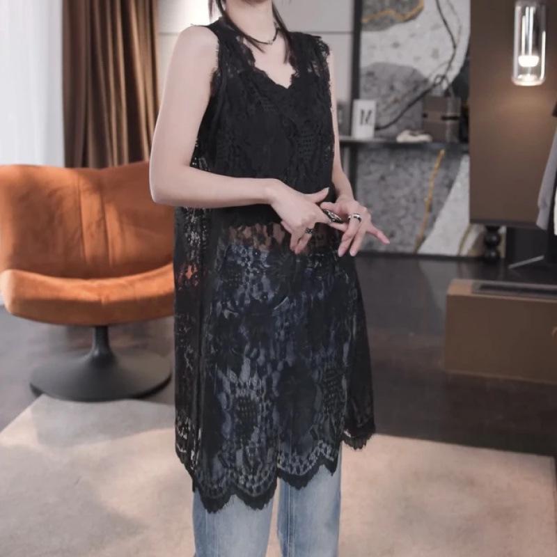 2025 Spring Versatile Midi Lace Vest, High-Waisted, Solid Color Style