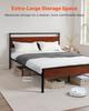 Queen Size Bed Frame, 35 cm Black Metal Platform Bed Frame with Retro Brown Wooden Headboard and Footboard, Large Under-Bed Storage, Non-Slip Without