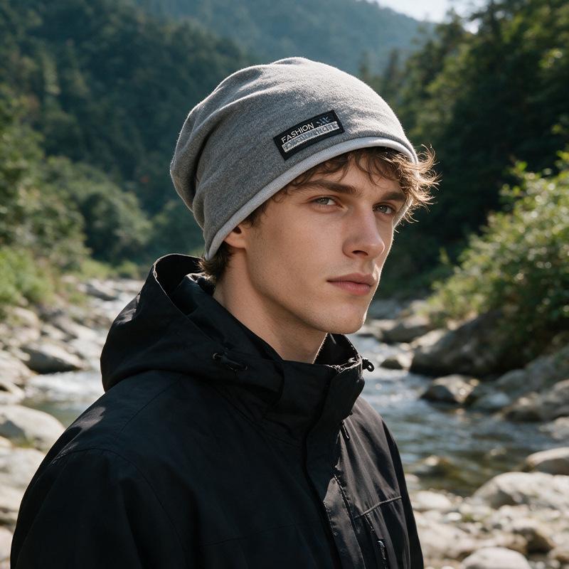 Unisex Korean-Style Double Layer Slouchy Beanie - Autumn/Winter Solid Color with Cloth Label