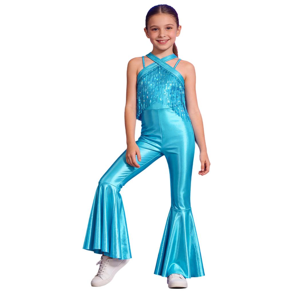 Metaliczny Kostium Body do Tańca Disco dla Dzieci: Bezrękawnikowy kombinezon z cekinami i frędzlami, z tyłu na niewidoczny zamek błyskawiczny i rozszerzanymi nogawkami