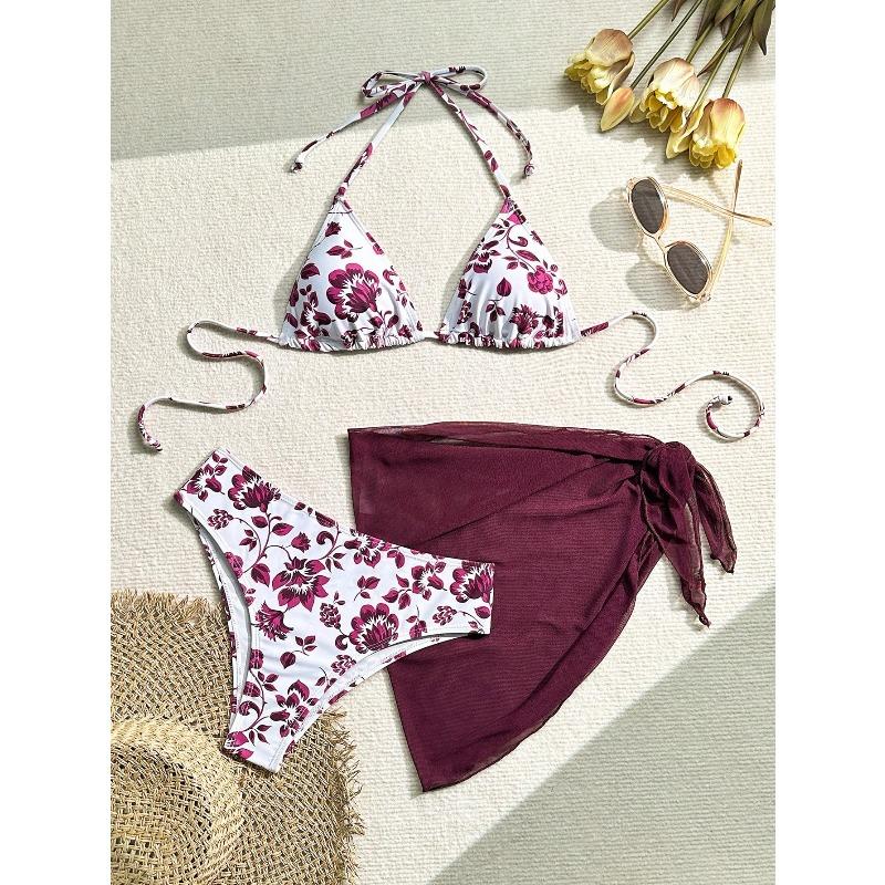 Patchwork print bikini split three-piece set with a high waist and conservative belly cover to show slim and individual