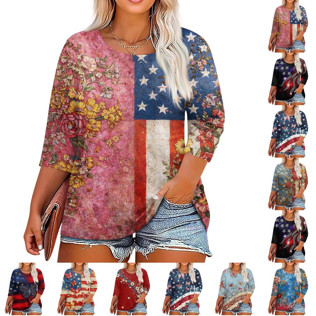Women Plus Size Crew Neck 34 Sleeve Independence Day Printed Top Loose Fit Casual Blouse for Comfortable Daily Wear