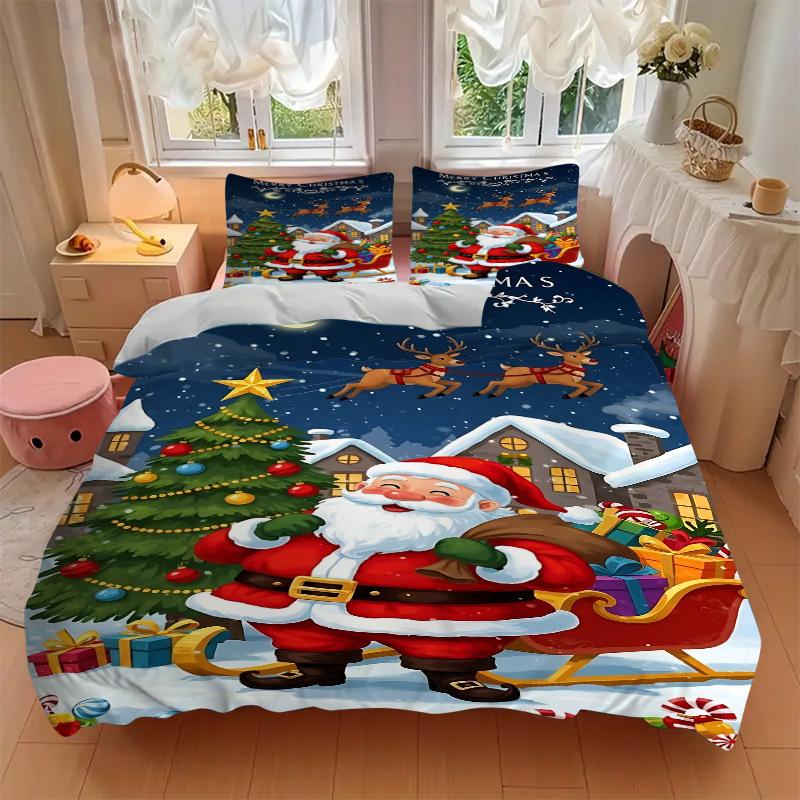 3pcs Christmas Santa Claus Duvet Cover Set - Includes 1 Duvet Cover and 2 Pillowcases, No Quilt Core, All-Season Home Decor Yy251111012
