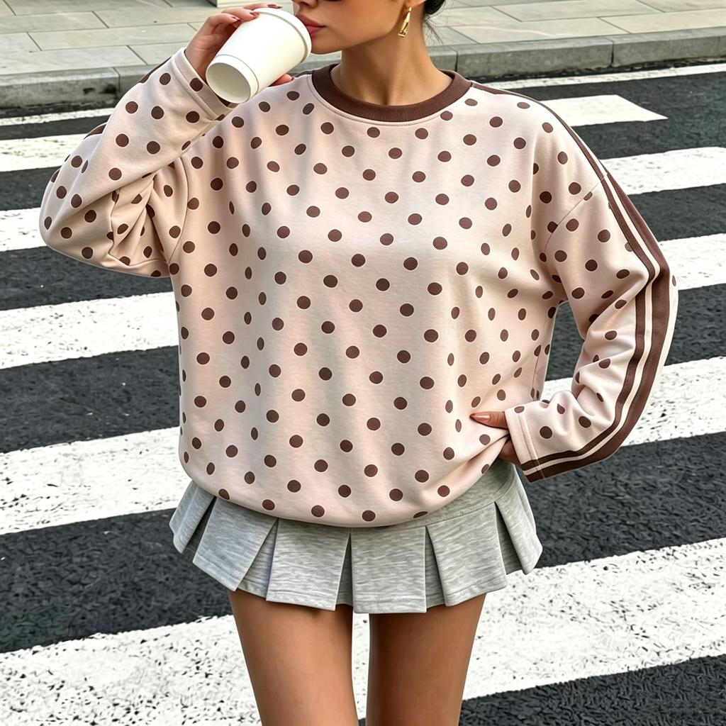 Women's Casual Polka Dot Long Sleeve Neck Sweatshirt for Everyday Wear
