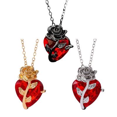 Gothic Heart Rose Pendant Necklace Adjustable Length Neckchain Elegant Dark Alloy Jewelry Gift For Women