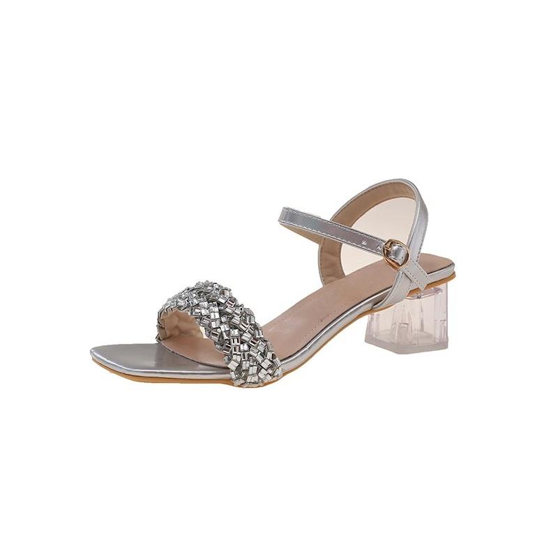 French sandals women's summer new square toe open-toe crystal one-line belt Western style light kitten heel shoes