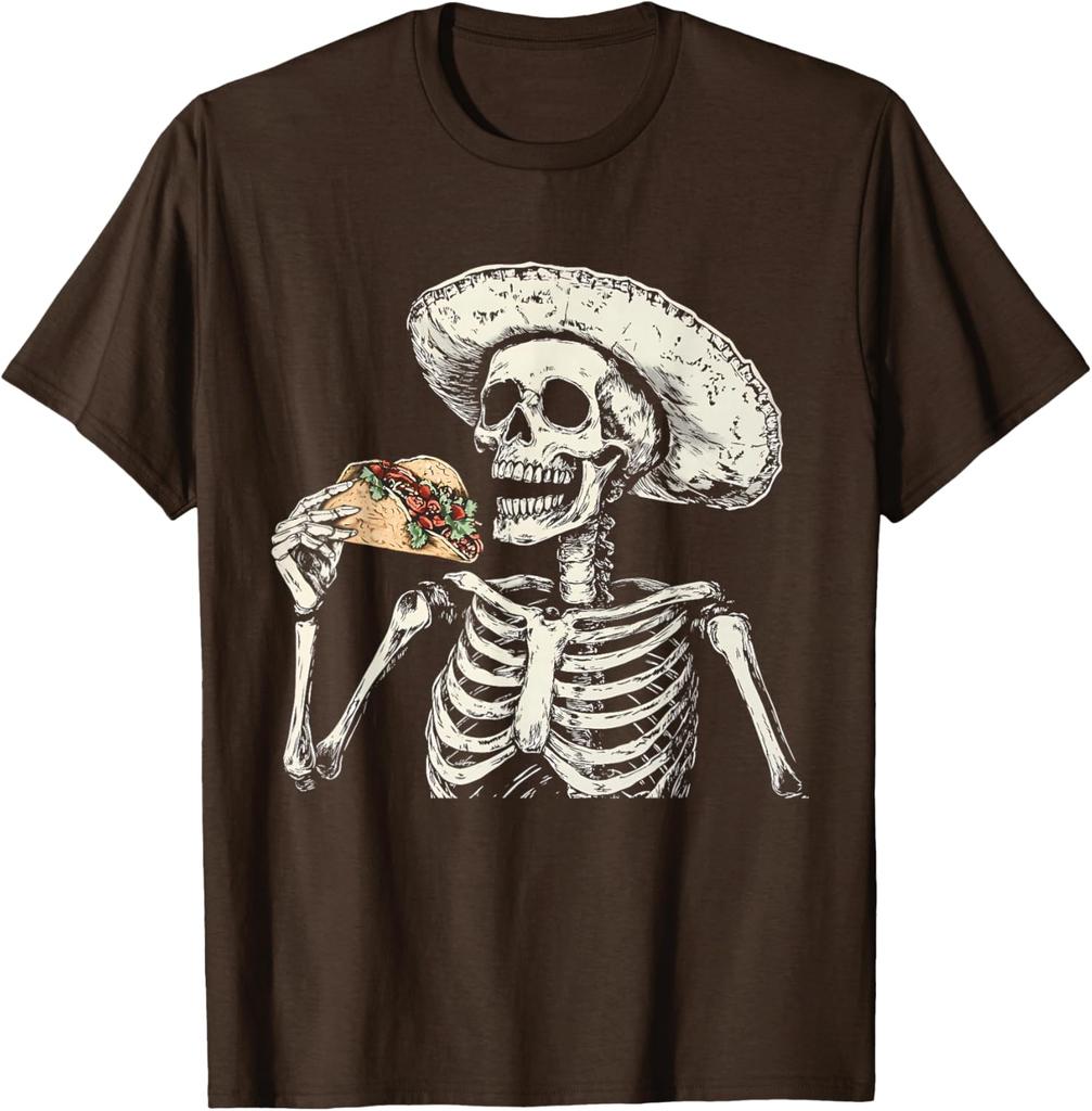 Skeleton Eating Taco Sombrero Graphic Tee Mexican Dia De Muertos Lover Casual Cotton T-Shirt
