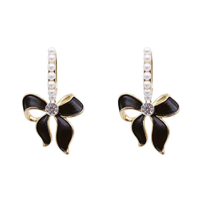 Korean Version Earrings Niche Light Luxury Design Black Bow Crystal Pearl Earrings 2022 New Trendy Retro Temperament Earrings