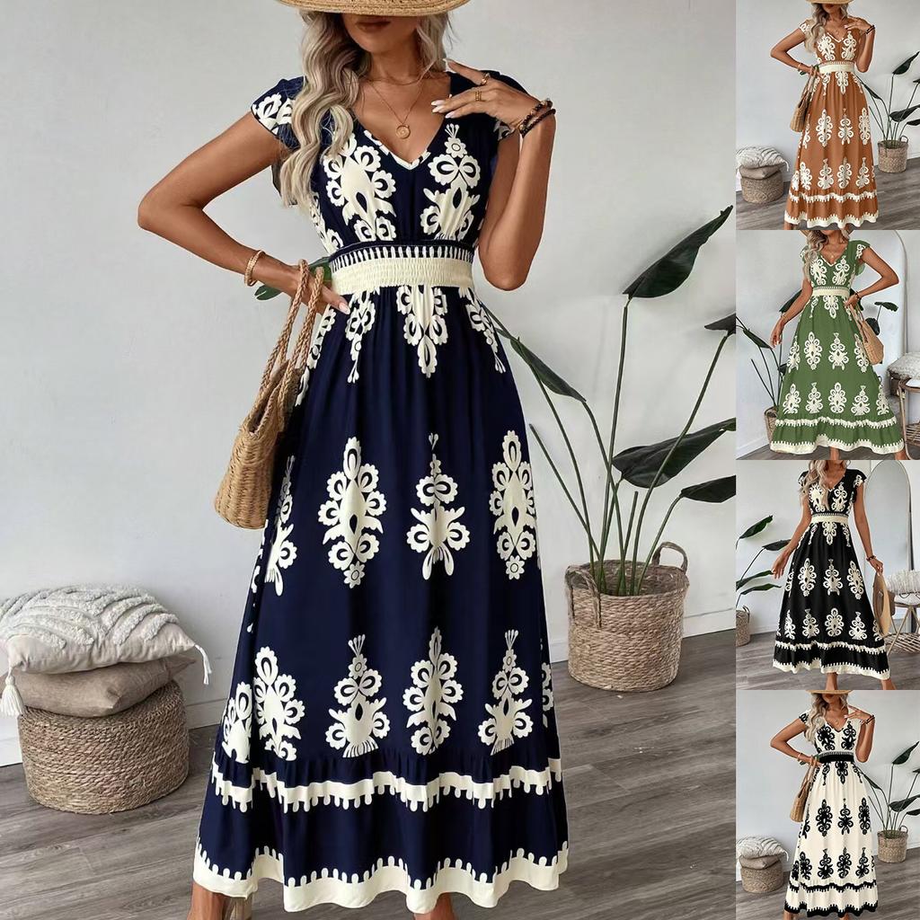 Women Summer Dress V-Neck Flying Short Sleeve Beach Dress Printing High Waist Flowy Hem Vacation Dress