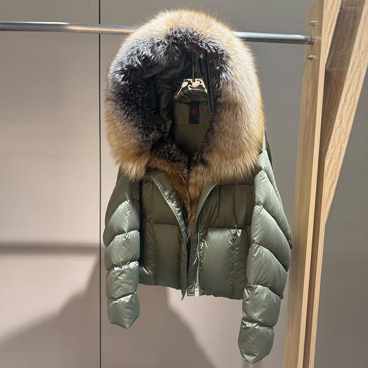 European New Fox Big Fur Collar White Goose Down Jacket Women's Short Loose Thickened Hooded Warm Jacket
