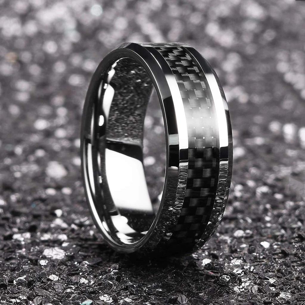 Fashion Copper Color Stainless Steel Rings for Men Black Carbon Fiber Ring Wedding Jewelry Christmas Gift Accessories