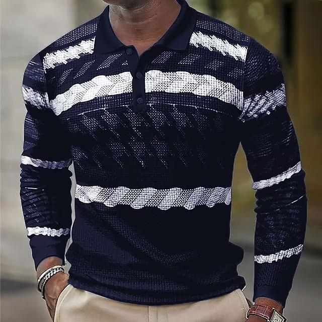 Festive snowflake print long sleeve polo, stylish casual top for holiday vibes