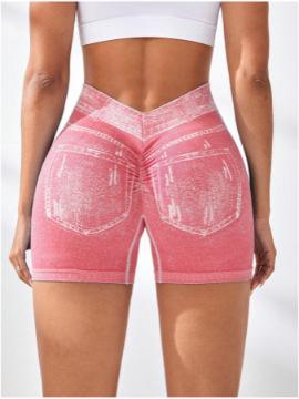Nahtlose Yoga-Shorts für Damen in Jeans-Optik, hoher V-Bund hinten, Po-Lifting, eng anliegend, für Laufen, Fitness, Dreipunkt-Hose