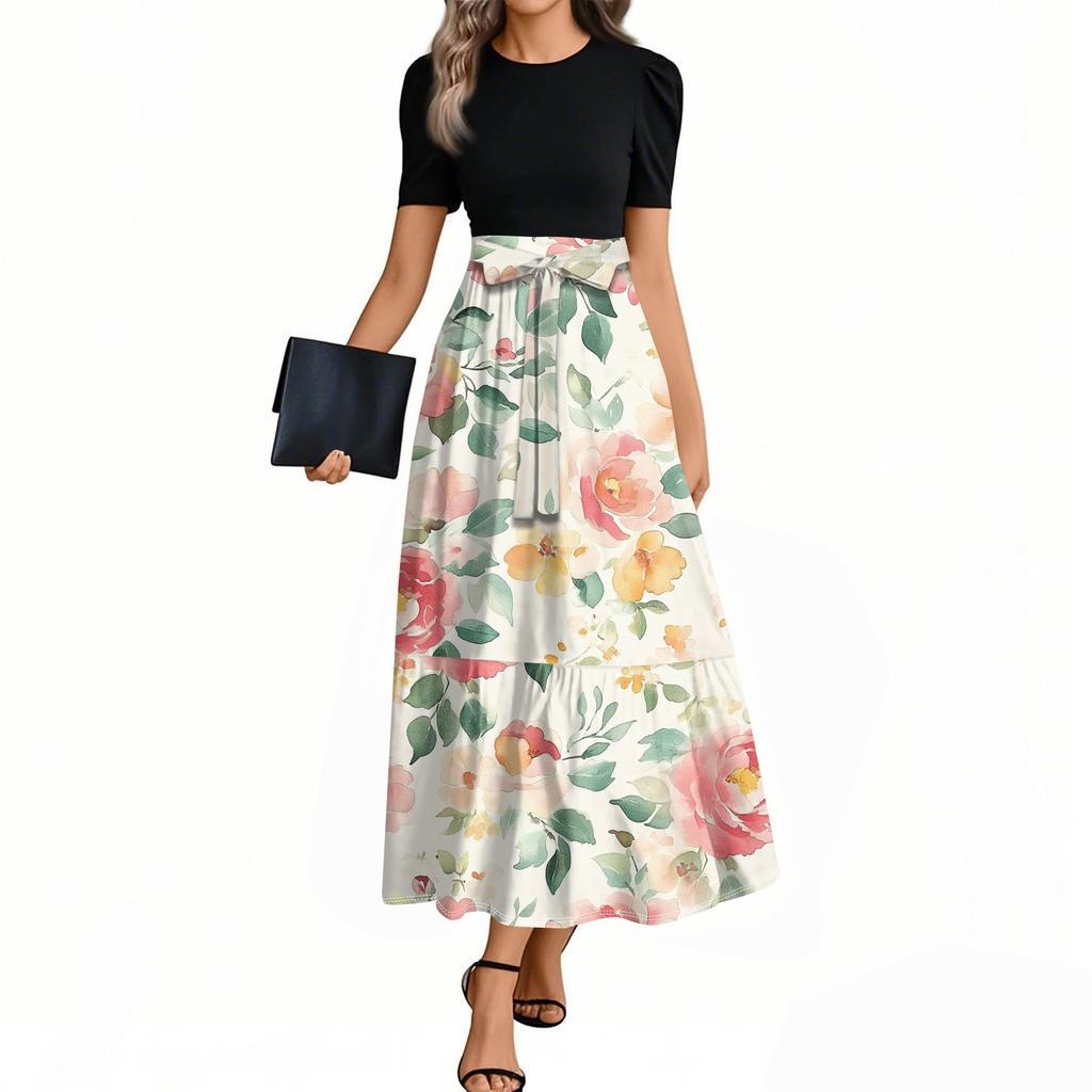 Women's Elegant Fashion Floral Print Belted Short Sleeve Round Neck Splicing Casual Dress