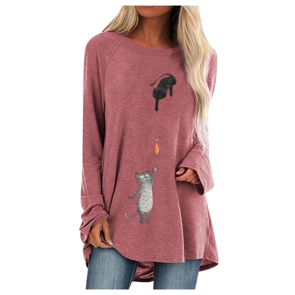 Women Fashion Plus Size Print Round Neck Long Sleeved Long T-shirt Blouse