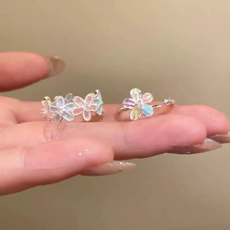 New Fresh Hollowed Out Enamel Opening Colorful Flower Ring with Niche Design, Sweet and Simple Temperament, Handmade Accessory
