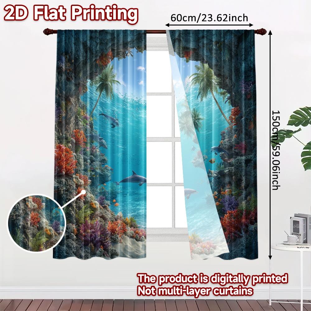 2pcs, 2D FLAT PRINTING Curtains (Without Rod) Ocean Paradise Holiday Curtains Fabric Curtains Decorations Suitable for Living