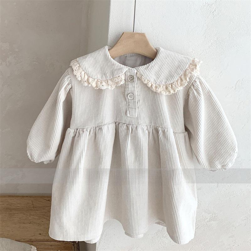 Girls' Korean Corduroy Princess Dress with Lace Lapel and Long Sleeves for Autumn/Winter
