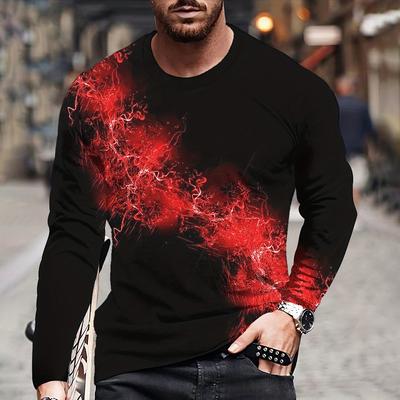 Fall Men's Round Neck Long Sleeve Pullover 3D Flame Print Fashion Loose T Shirt Retro Street Long Sleeve Round Neck T Shirt