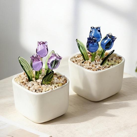Mini skleněná figurka tulipánu Ručně foukaná miniaturní květina z umělého křišťálu v květináči pro ženy, maminku, svatbu, Den matek, kancelář, domov, středový díl stolu