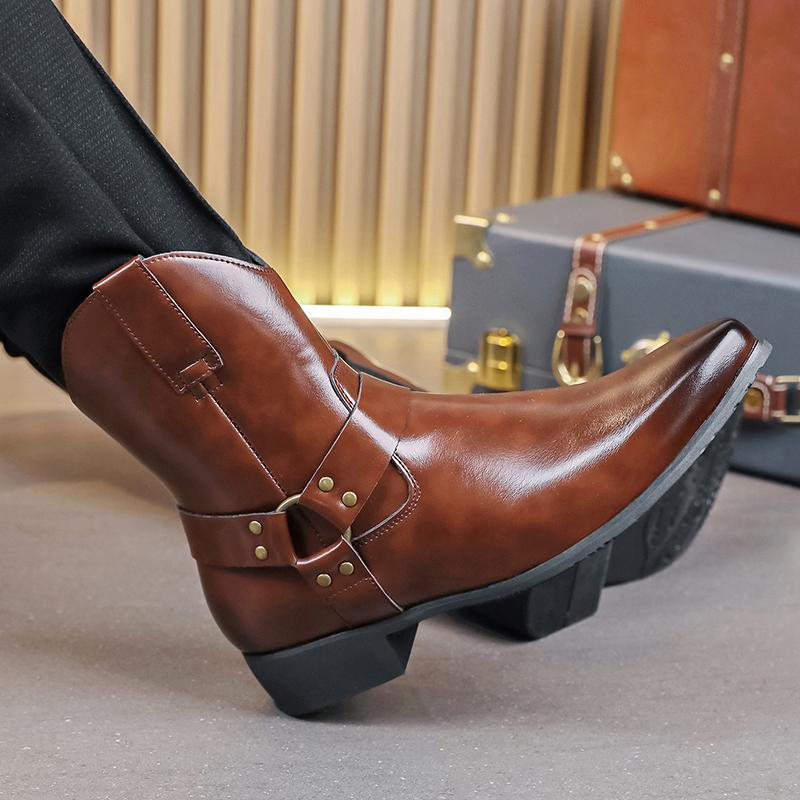 Vintage Cowboy Boots Luxury Men Chelsea Boots Leather High Top Punk Boots Outdoor Man Western Boots Pointed-Toe Biker Boots Men